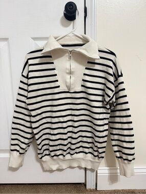 Cream and Black Striped Zip-Up Sweater